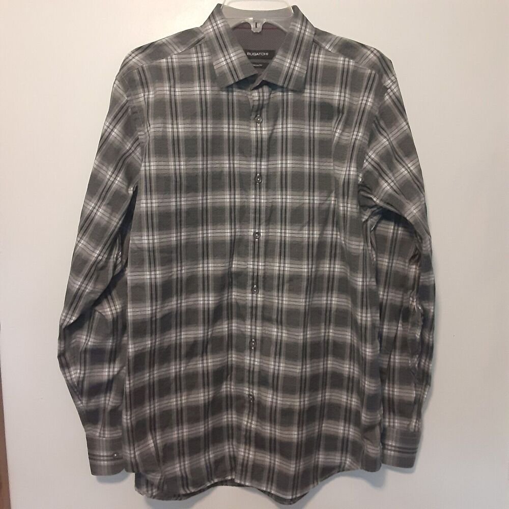 Bugatchi Classic Fit Adult Mens L Gray Plaid Long Sleeve Button Up Shirt